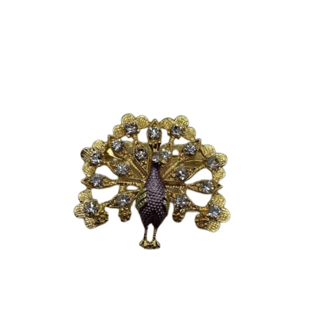 Rhinestone Peacock Lapel Pin Figural Brooch Gold Tone Luxury Pinback Button‎